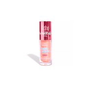Tubo del Brillo Labial Kaba Makeup en tono Golden Hour (6 ml), mostrando el gloss brillante color durazno-rosado dentro del envase transparente y su etiqueta con ingredientes clave.