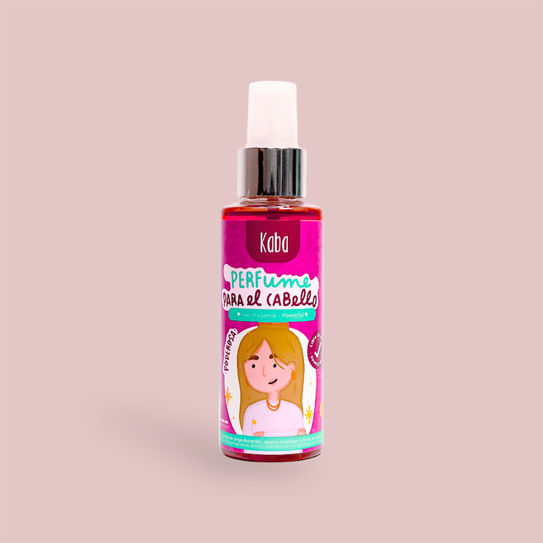 Perfume Capilar Kaba Poderosa con aroma a vainilla en botella spray rosa de 120ml, mostrado sobre un fondo neutro.
