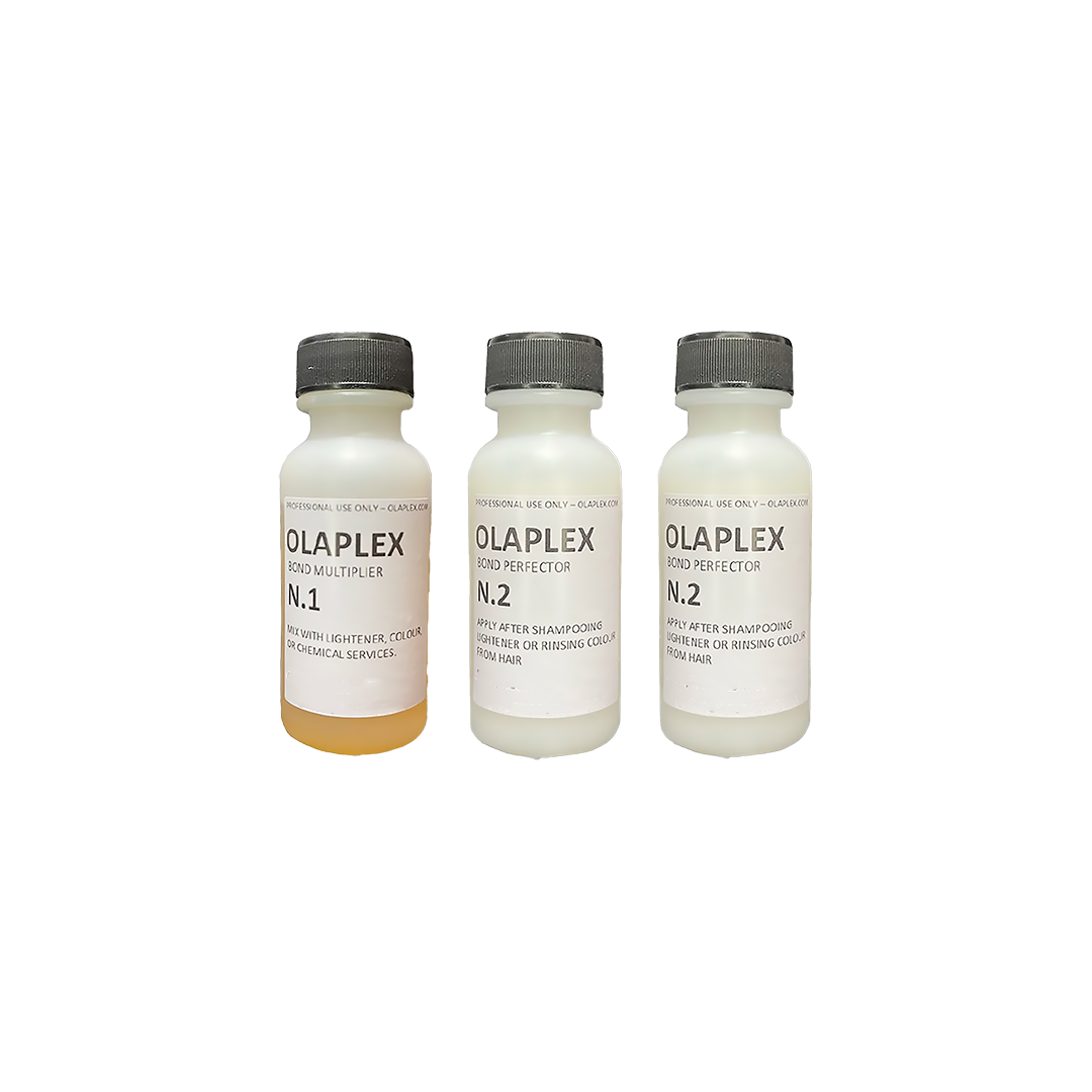Botellas individuales de Olaplex No.1 Bond Multiplier (1 unidad) y Olaplex No.2 Bond Perfector (2 unidades), producto profesional sin empaque exterior.