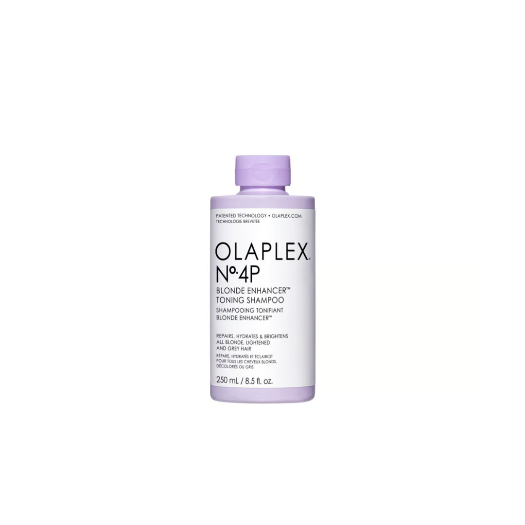Botella de Olaplex No. 4P Blonde Enhancer Toning Shampoo, champú violeta matizante para rubios con tecnología Olaplex, tamaño 250ml / 8.5 fl oz.
