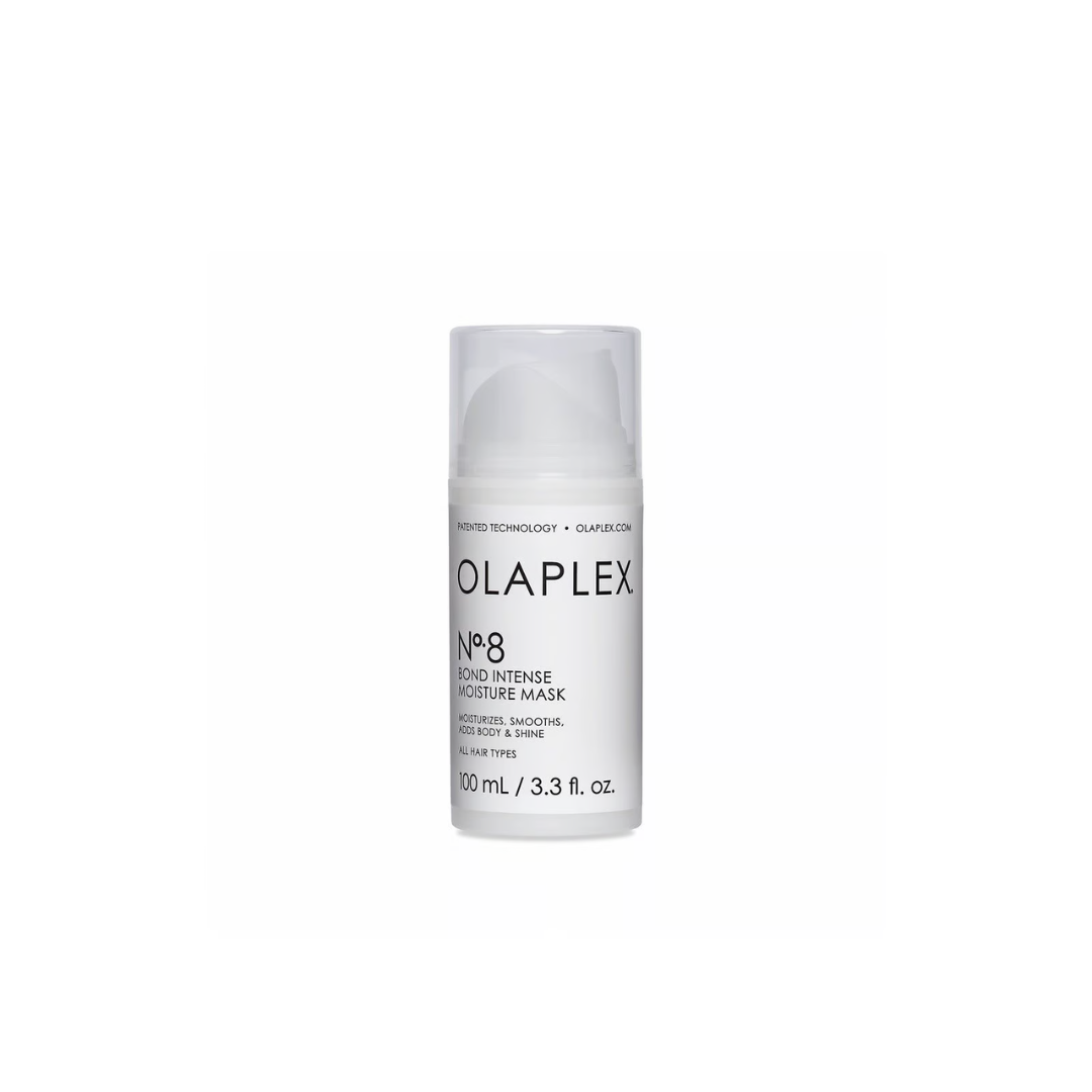 Botella con dosificador airless de Olaplex No. 8 Bond Intense Moisture Mask, mascarilla reparadora e hidratante intensiva, tamaño 100ml / 3.3 fl oz.