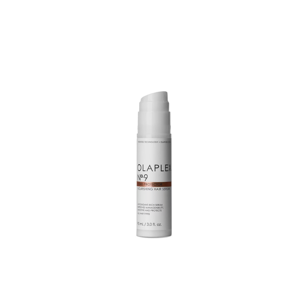 Botella con dosificador del sérum Olaplex No. 9 Bond Protector Nourishing Hair Serum, protector capilar antioxidante y anti-polución, tamaño 90ml / 3.0 fl oz.

