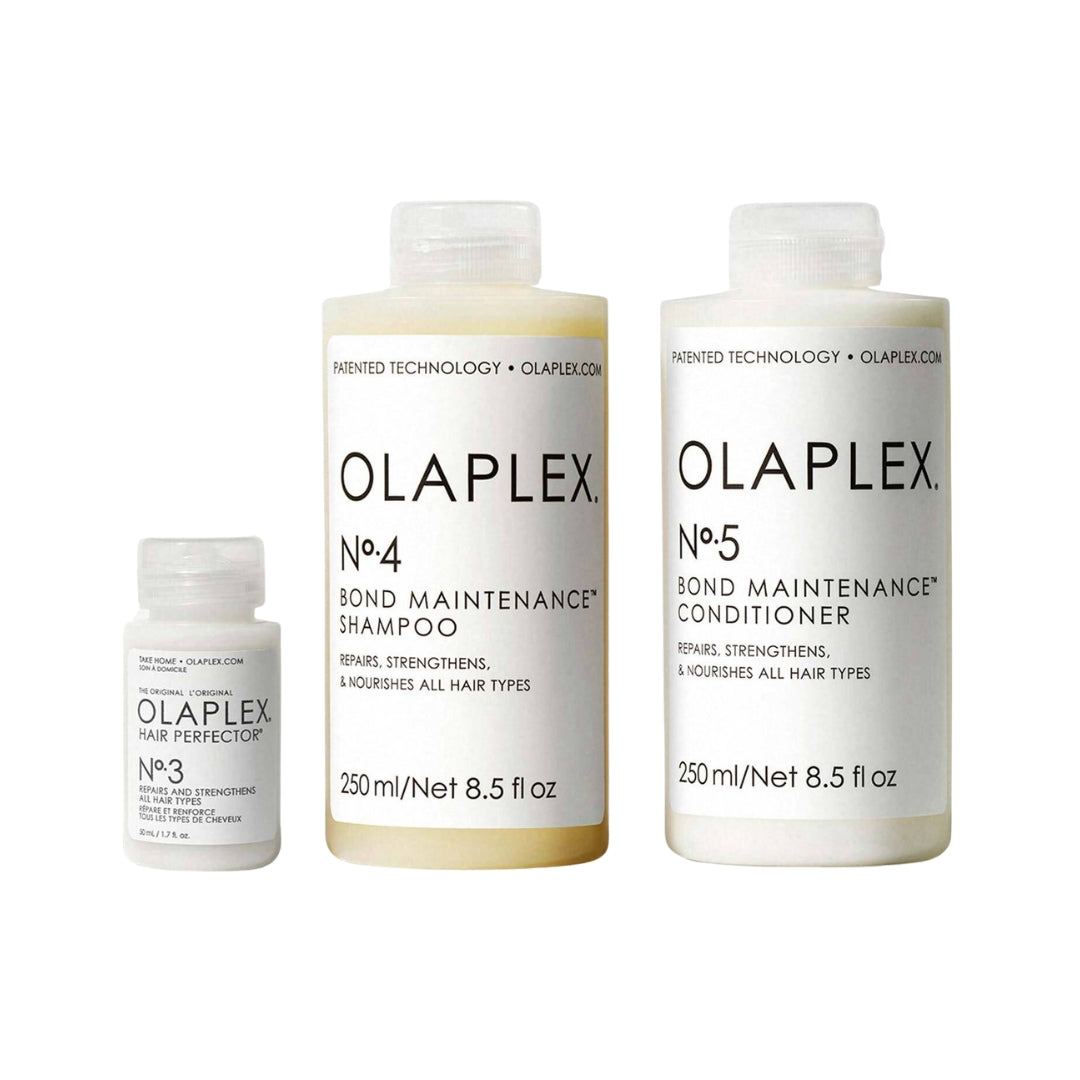 Kit Olaplex Strong Days Ahead Hair Kit, que incluye Olaplex No.3 (50ml), No.4 Shampoo (250ml) y No.5 Conditioner (250ml).

