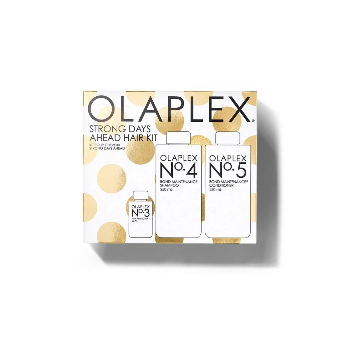 Caja del kit Olaplex Strong Days Ahead Hair Kit, que incluye Olaplex No.3 (50ml), No.4 Shampoo (250ml) y No.5 Conditioner (250ml).