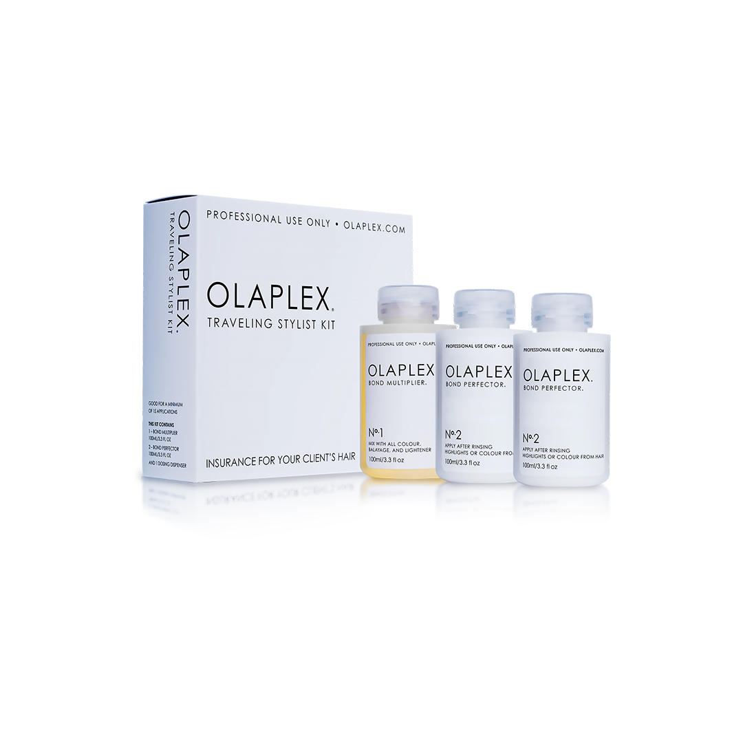 Kit profesional Olaplex Traveling Stylist con caja y botellas No.1 y No.2 de 100ml