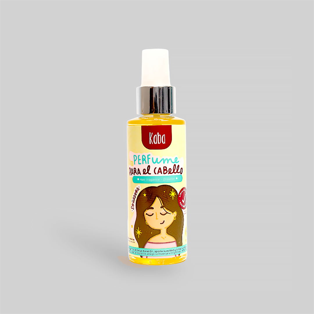 Botella de 120ml del Perfume Capilar Kaba Soñadora, con etiqueta amarilla y dibujo, fragancia cítrica y dulce para controlar frizz y dar brillo al cabello.